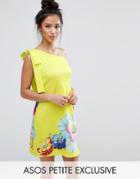Asos Petite Occasion One Shoulder Mini Dress In Placement Floral Print - Green