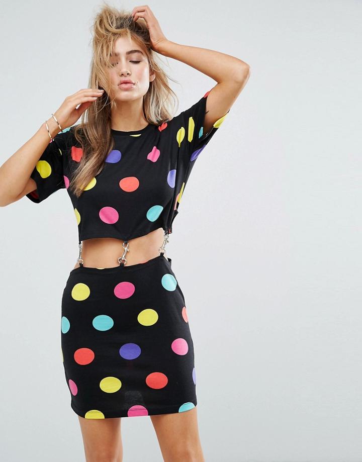 Asos Mini T-shirt Dress With Clip Middle In Polka Dot - Multi