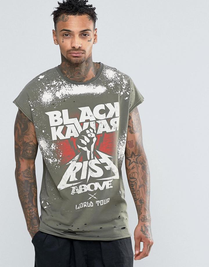 Black Kaviar Longline Sleeveless Tour T-shirt With Distressing - Green