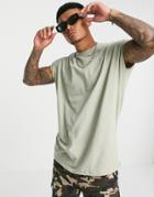 Asos Design Oversized Longline T-shirt With Roll Sleeve In Washed Khaki-green