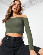 Trendyol Bardot Jersey Top In Khaki Green