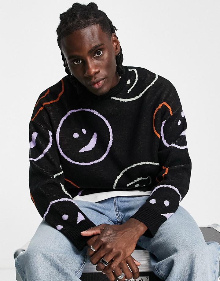 Asos Design Knitted Sweater With Smile All Over Pattern In Black