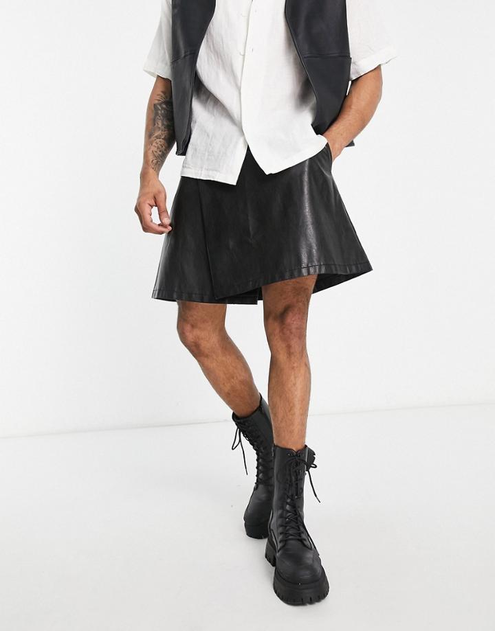 Asos Design Wrap Around Faux Leather Skirt With Snap Fasting-black