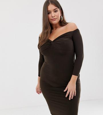Prettylittlething Plus Slinky Sweatheart Midi Dress In Chocolate - Brown