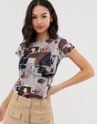 Asos Design Mesh Top In Photographic Floral Print With Cap Sleeve-multi