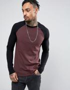 Asos Long Sleeve Muscle T-shirt With Contrast Raglan Sleeves In Oxblood/black - Multi