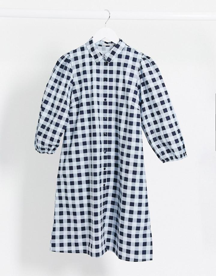 Pieces Smock Shirt Dress With Puff Sleeves In Blue Gingham Check-multi
