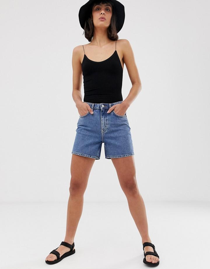 Weekday Mom Denim Shorts In Mid Blue - Blue