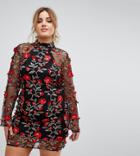 Club L Plus High Neck Red Rose Embroidered Dress - Multi