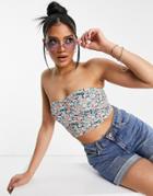 In The Style Floral Print Rib Bandeau Crop Top In Blue-blues