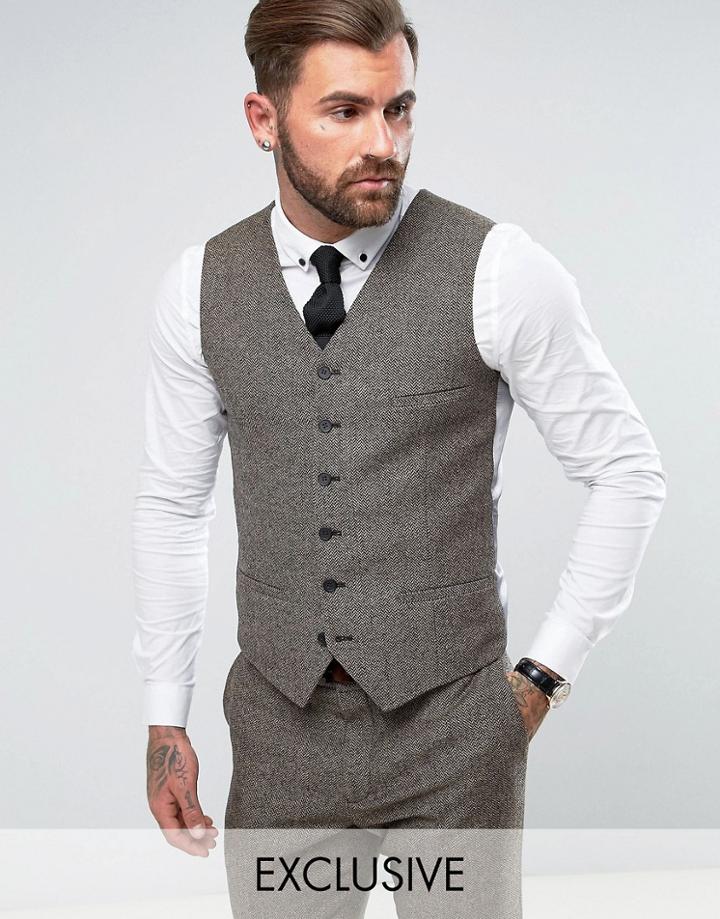 Heart & Dagger Slim Vest In Herringbone Tweed - Brown