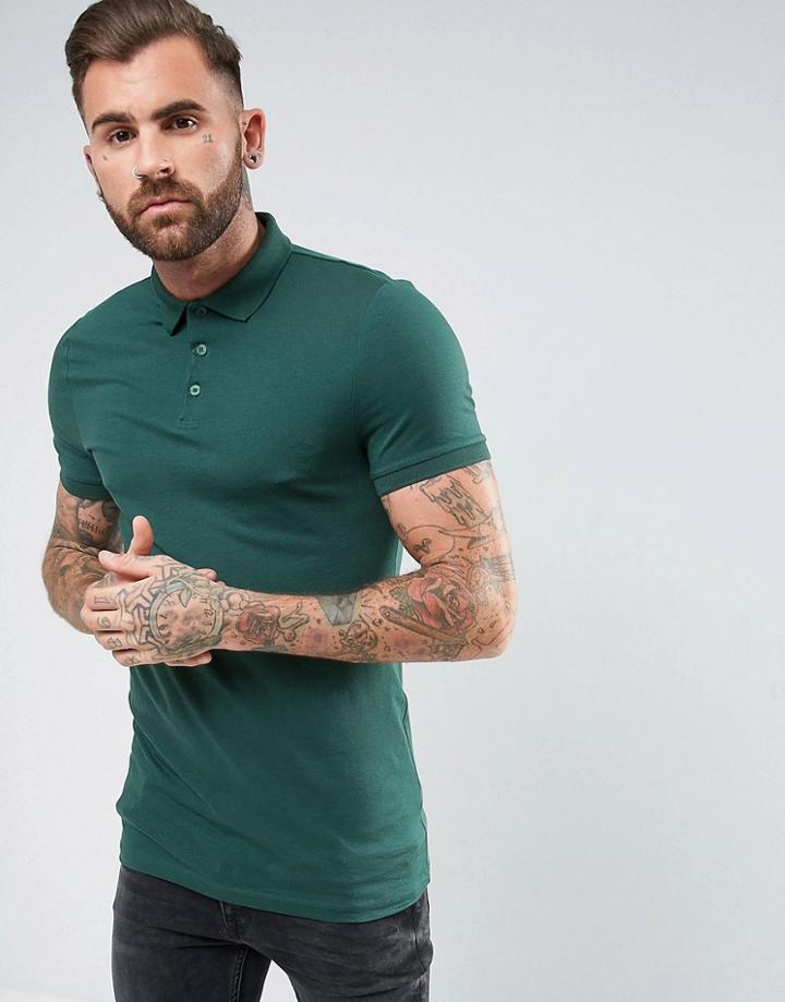 Asos Longline Muscle Polo In Jersey In Green - Green