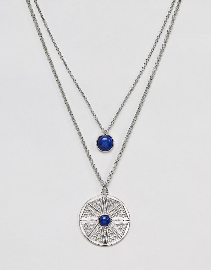 Asos Design Engraved Sun And Stone Multirow Necklace - Silver