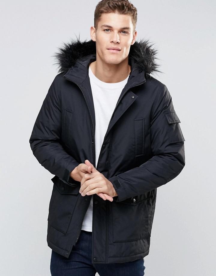 Asos Parka Jacket With Faux Fur Trim In Black - Black