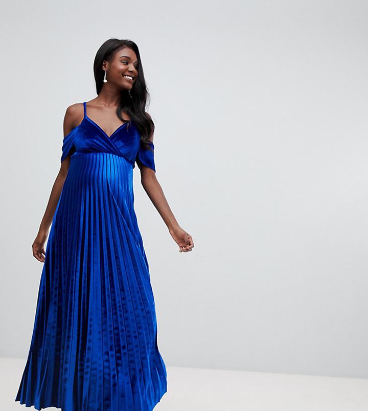 Asos Design Maternity Pleated Velvet Cowl Neck Maxi Dress - Blue