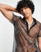 Asos Design Polo T-shirt In Pattern Mesh With Deep V Neck In Black Recycled Polyester