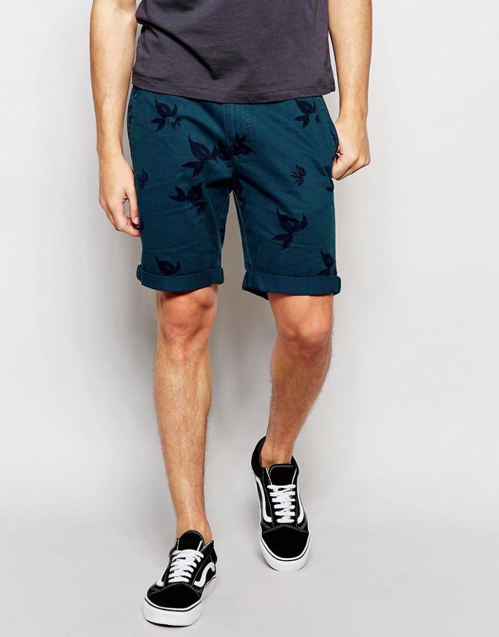 D-struct Leaf Print Turn Up Shorts - Blue