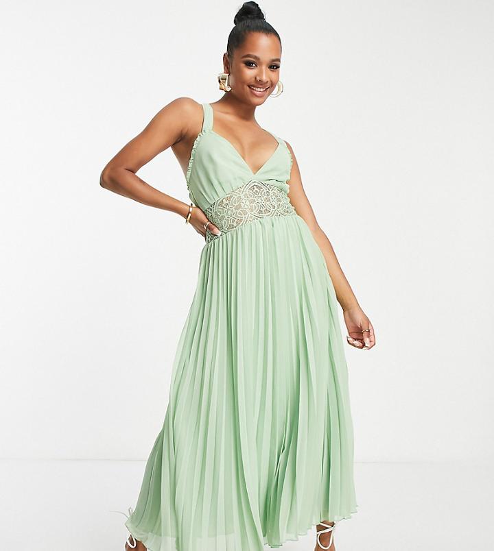 Asos Design Petite Lace Insert Pleated Midi Dress In Sage-green