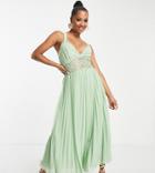 Asos Design Petite Lace Insert Pleated Midi Dress In Sage-green