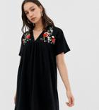 Asos Design Tall Embroidered Ultimate Cotton Smock Dress-black