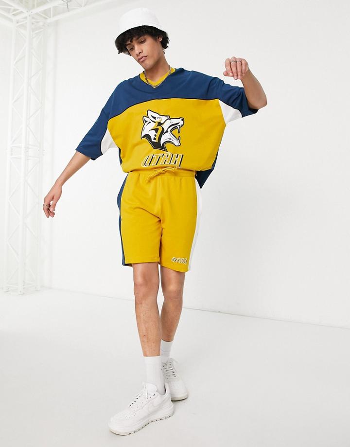Asos Design Relaxed Shorts In Yellow Color Block - Part Of A Set