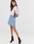 Asos Design Denim Button Through Mini Skirt With Skinny Belt In Pretty Blue - Blue
