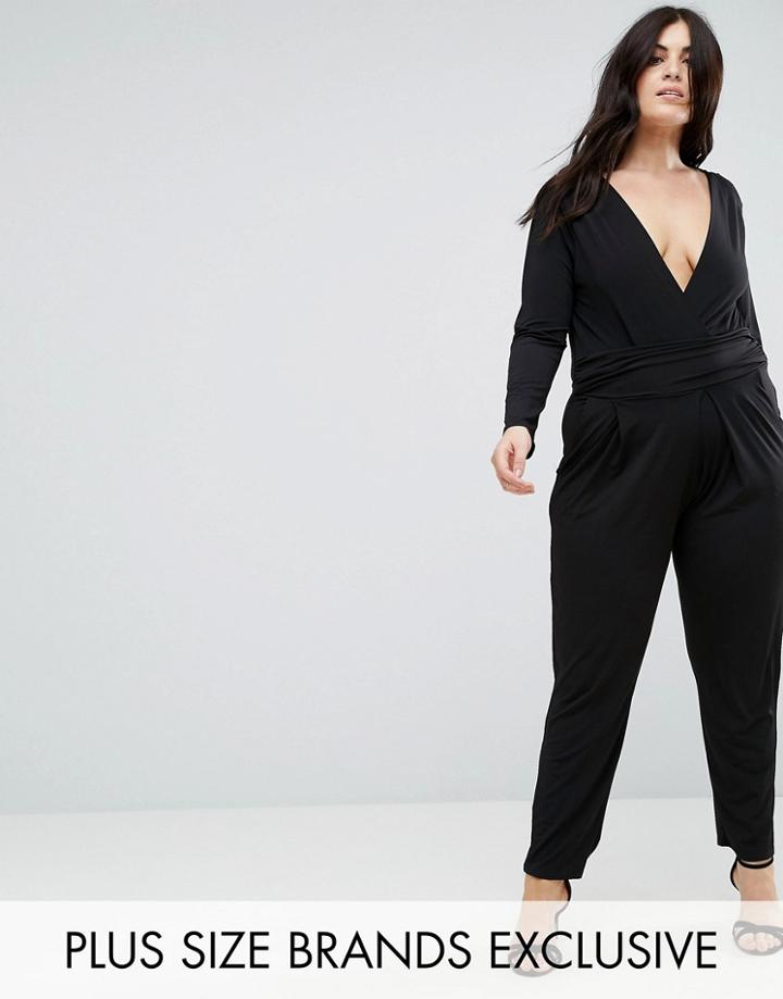 John Zack Plus Slinky Wrap Front Jumpsuit With Plunge Back Detail - Black