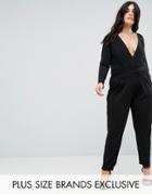 John Zack Plus Slinky Wrap Front Jumpsuit With Plunge Back Detail - Black