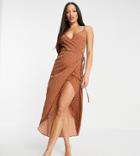 Asos Design Tall Polka Dot Cami Wrap Maxi Dress In Brown-multi