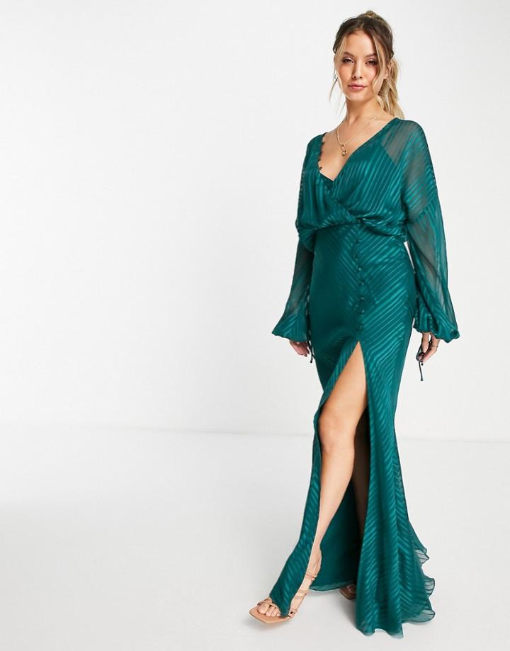 Asos Design Drape Detail Maxi Dress With Button Detail In Satin Stripe-green