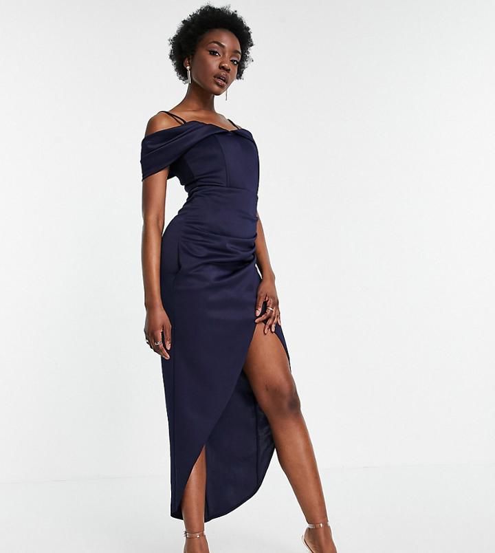 Jaded Rose Tall Exclusive Off Shoulder Drape Midaxi Dress In Navy
