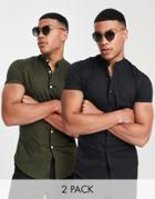 Asos Design 2-pack Skinny Shirts With Grandad Collar In Khaki/black-multi