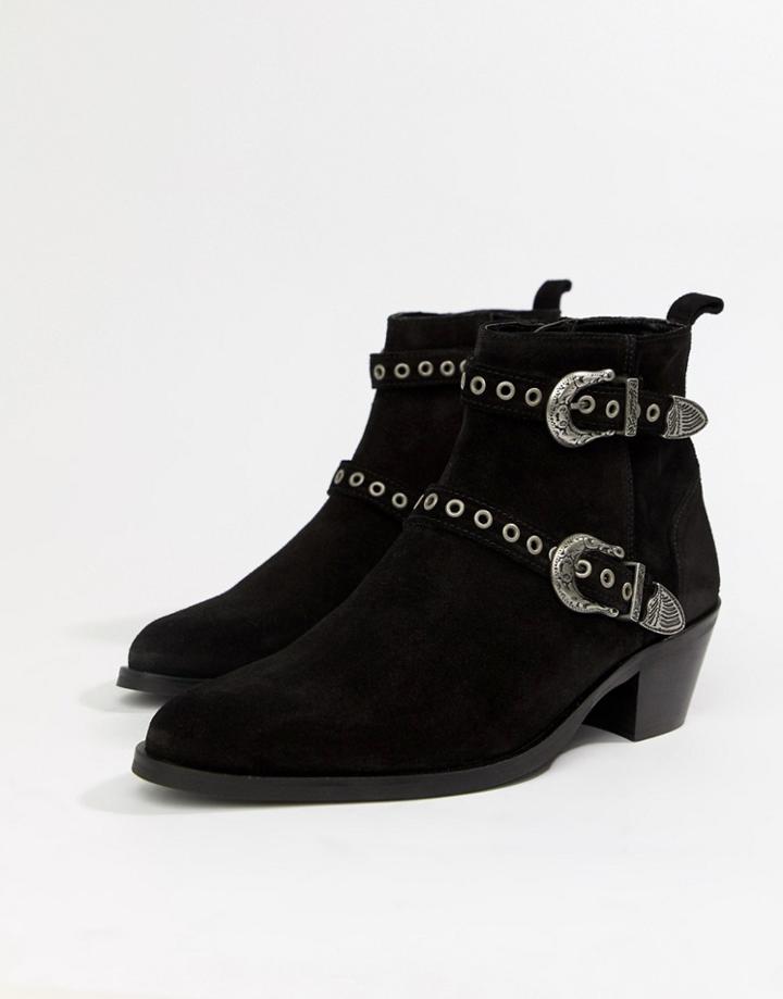 Asos Design Cuban Heel Boots In Black Suede With Silver Western Buckles - Black