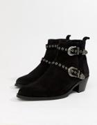 Asos Design Cuban Heel Boots In Black Suede With Silver Western Buckles - Black