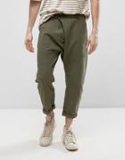 Asos Drop Crotch Pants With Leather Belt In Khaki - Green