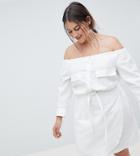 Asos Design Curve Off Shoulder Linen Mini Dress With Belt Detail - White