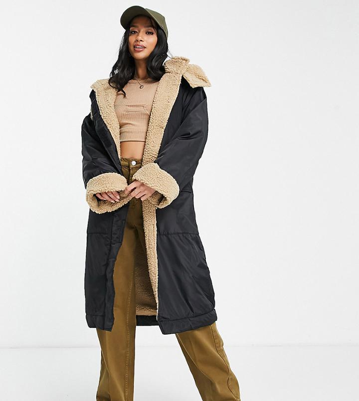 Asos Design Petite Sherpa Lined Maxi Rain Coat In Black