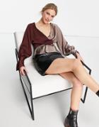 Asos Design Color Block Wrap Top With Tie Button Cuff In Mauve-purple