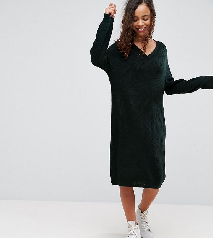 Asos Petite Knitted Dress With Slouchy V Neck And Tipping - Green