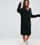 Asos Petite Knitted Dress With Slouchy V Neck And Tipping - Green