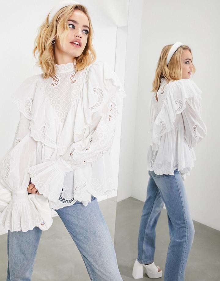Asos Edition Embroidered Cotton Blouse With Ruffle In White