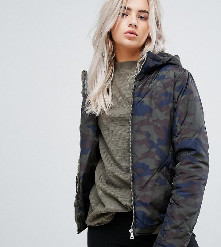 Noisy May Petite Exclusive Camo Padded Jacket With Hood - Multi