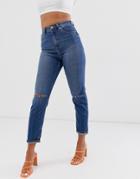 Asos Design Recycled Farleigh High Waisted Slim Mom Jeans In Mid Vintage Wash With Busted Rip Knee Detail - Blue
