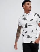Asos Design Polo With All Over Floral Print - White