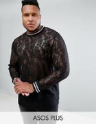 Asos Plus Longline Long Sleeve T-shirt In Lace With Monochrome Tipping - Black