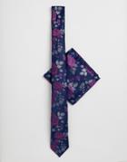 Burton Menswear Tie Set In Navy And Fuschia Floral Print - Navy