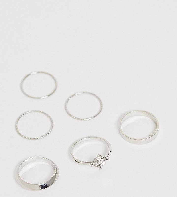 Asos Design Curve Pack Of 6 Rings With Engraved Heart Design And Graduated Band In Silver Tone