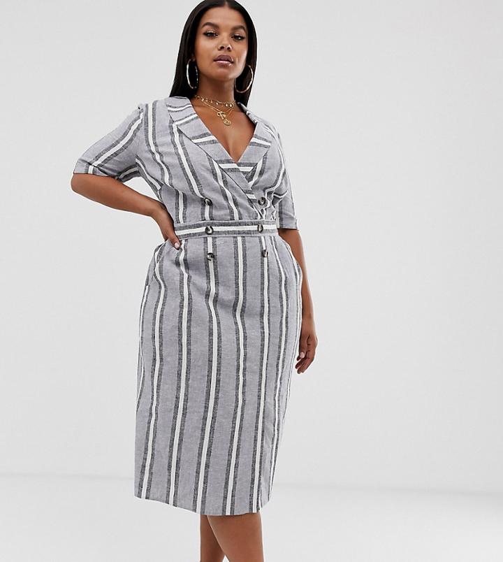 Asos Design Curve Tux Midi Dress In Natural Stripe-multi