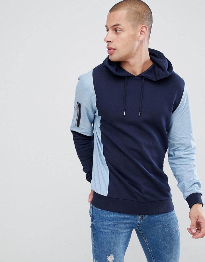 Asos Design Hoodie With Ma1 Pocket And Chambray Sleeves - Navy