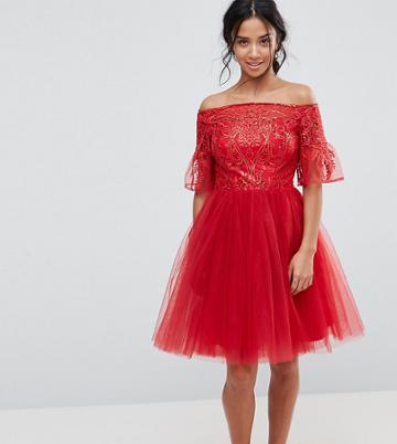 Chi Chi London Petite Tulle Midi Dress With Lace Fluted Sleeves - Red